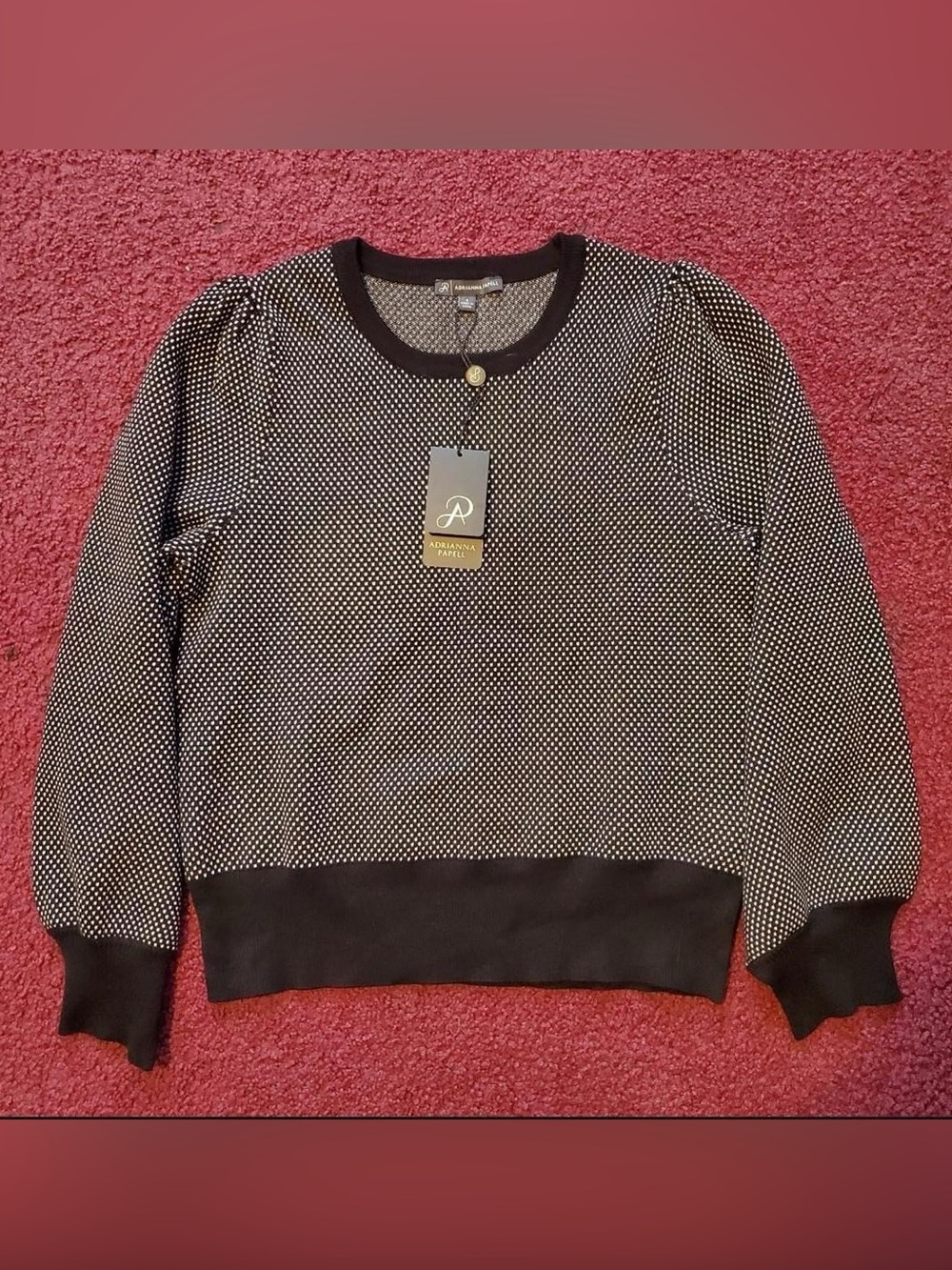 NWT Adrianna Papell Black & White Dot Crewneck Sweater with Puff Sleeves